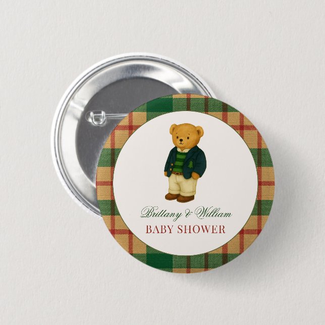 Christmas Plaid Preppy Bear Baby Shower  6 Cm Round Badge (Front & Back)