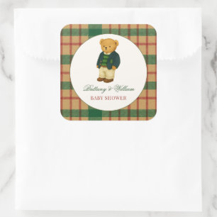 Christmas Plaid Preppy Bear Baby Shower  Square Sticker