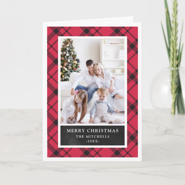 Christmas Plaid | Red and Black Photo Holiday Card (Front)