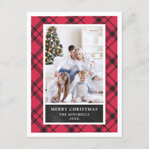 Christmas Plaid   Red and Black Two Photo Holiday Postcard