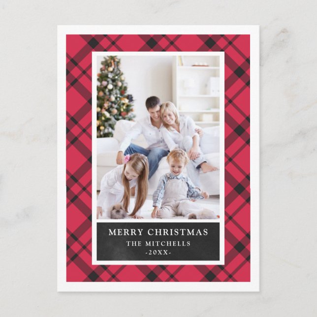 Christmas Plaid | Red and Black Two Photo Holiday Postcard (Front)