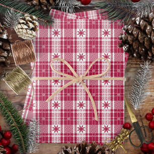 Christmas Plaid - Red and White with Poinsettia Wrapping Paper Sheet