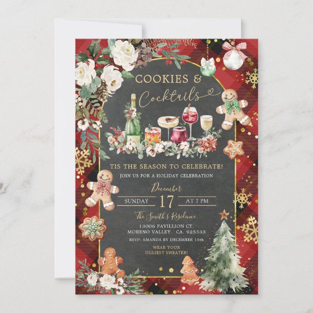 Christmas Plaid Red Black Cookies Cocktails Party Invitation (Front)