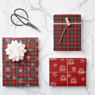 Christmas Plaid Red Black Winter Snowflakes Wrapping Paper Sheet