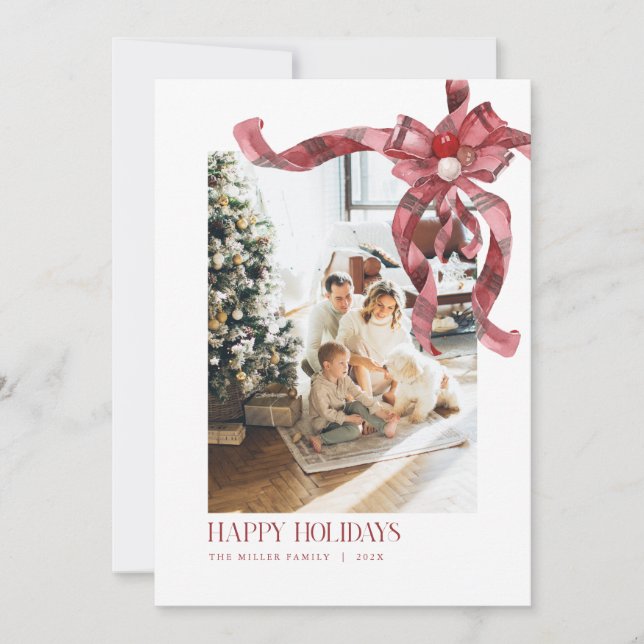 Christmas Plaid Red Bow Family Photo Holiday Card (Front)