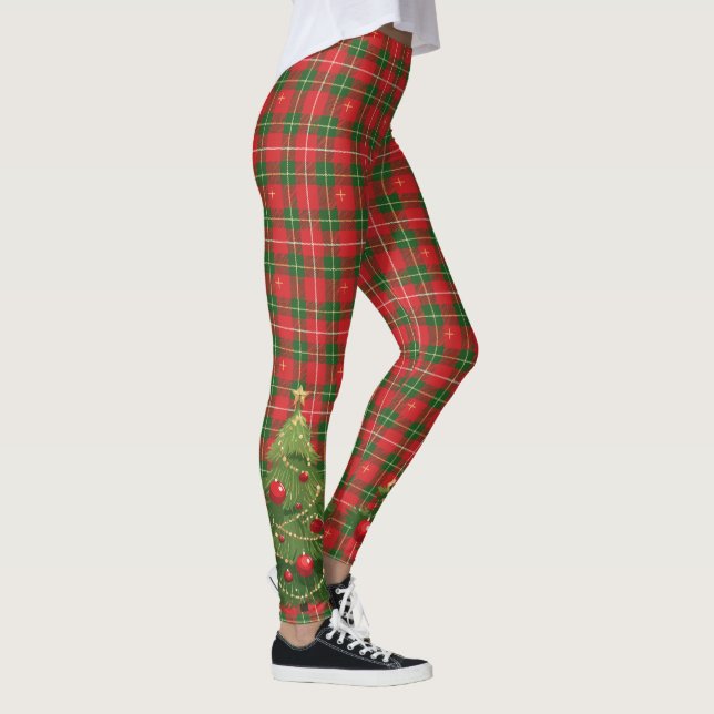Christmas Plaid Red, Green and Tree Leggings (Right)
