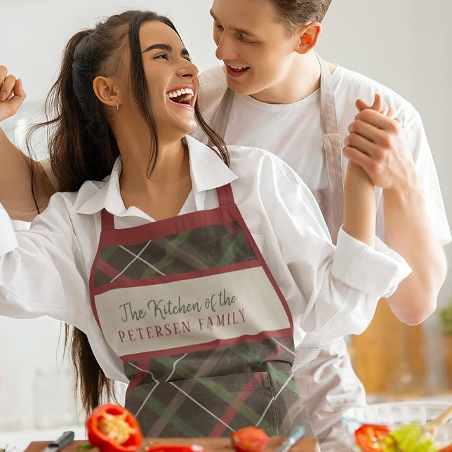 Christmas plaid red green family name personalised apron (Creator Uploaded)