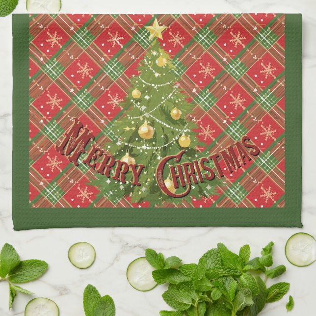 Christmas Plaid Red, Green, Gold and Tree Tea Towel (Folded)