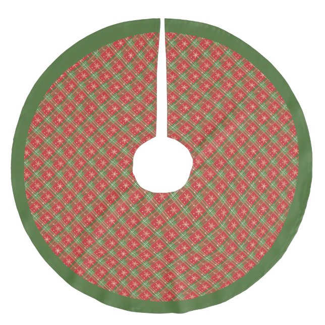 Christmas Plaid Red, Green, Gold Stars Brushed Polyester Tree Skirt (Front)