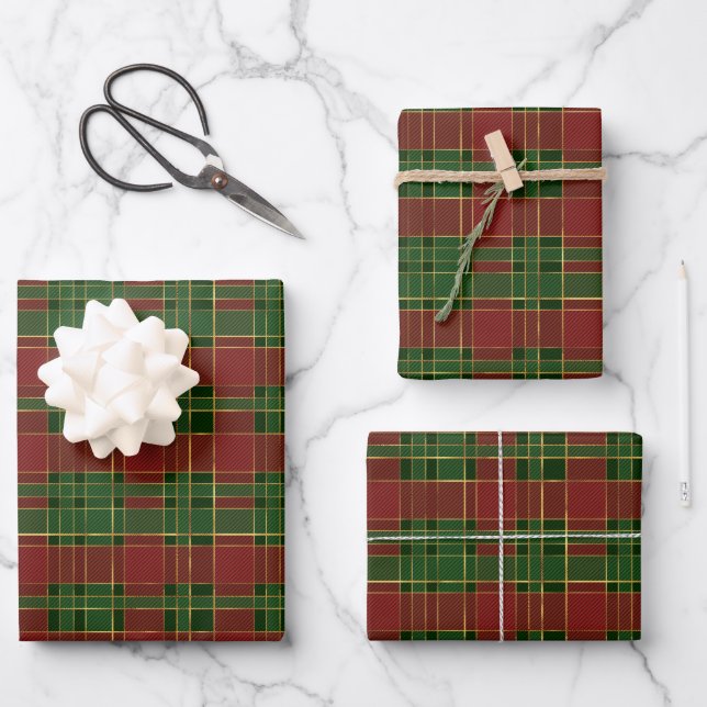 Christmas plaid red green gold traditional elegant wrapping paper sheet (Front)