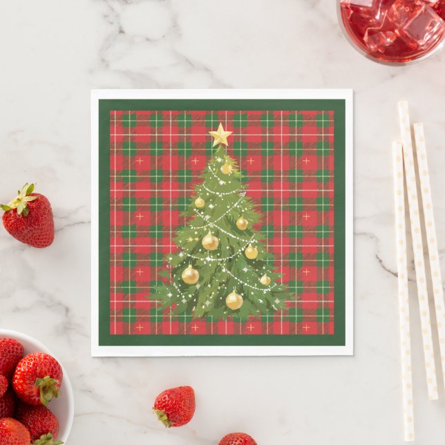 Christmas Plaid Red, Green with Gold Crosses Napkin (Insitu)