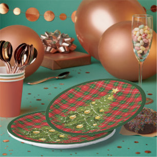 Christmas Plaid Red, Green with Gold Crosses Paper Plate