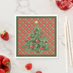 Christmas Plaid Red, Green with Gold Snowflakes Napkin