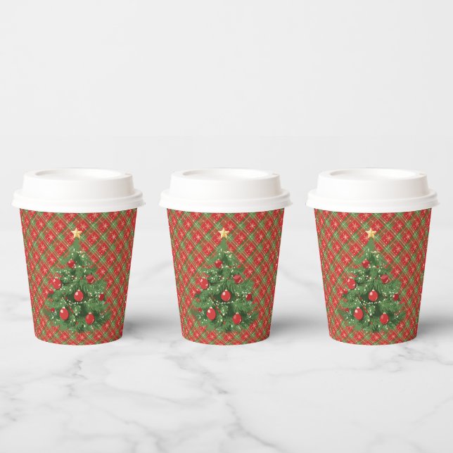 Christmas Plaid Red, Green with Gold Snowflakes Paper Cups (Multi)