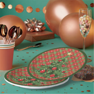 Christmas Plaid Red, Green with Gold Snowflakes Paper Plate
