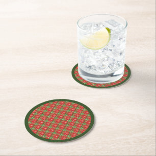 Christmas Plaid Red, Green with Gold Snowflakes Round Paper Coaster