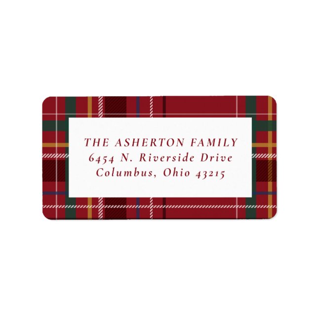 Christmas plaid red holiday return address label (Front)