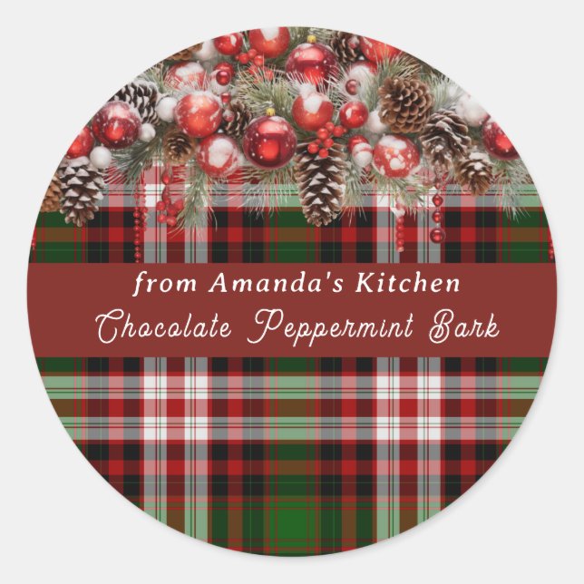 Christmas Plaid Red Ornaments Pine Cones Snow Classic Round Sticker (Front)