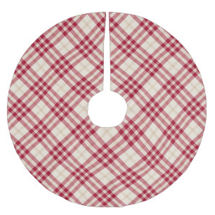 Christmas plaid red white gold diagonal pattern brushed polyester tree skirt