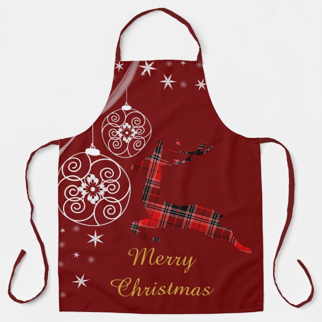 Christmas Plaid Reindeer Red White Decoration Apron (Front)