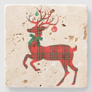 Christmas Plaid Reindeer w Ornament Antlers! Stone Coaster