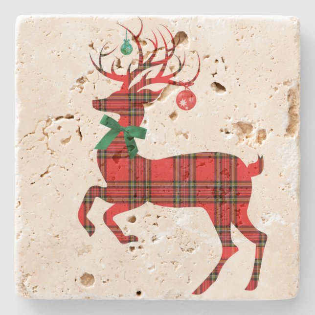 Christmas Plaid Reindeer w Ornament Antlers! Stone Coaster (Front)