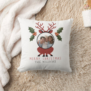 Christmas Plaid Reindeer with Personalized Photo Cushion
