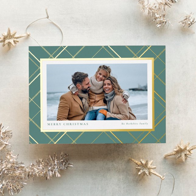 Christmas plaid sage green gold one-photo family foil holiday card (Creator Uploaded)