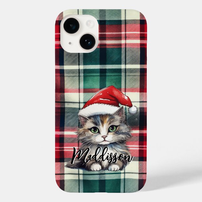 Christmas Plaid Santa Cat With Name Case-Mate iPhone Case (Back)