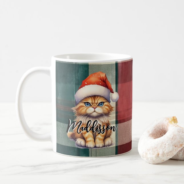 Christmas Plaid Santa Cat With Name  Coffee Mug (With Donut)