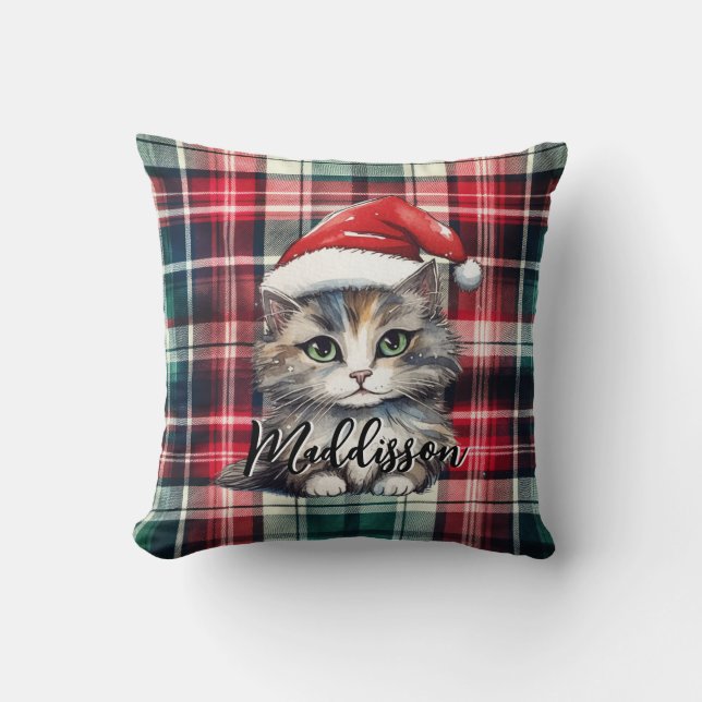 Christmas Plaid Santa Cat With Name Cushion (Front)
