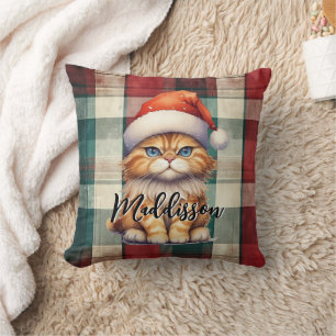 Christmas Plaid Santa Cat With Name Cushion