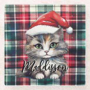 Christmas Plaid Santa Cat With Name Glass Coaster
