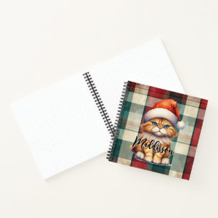 Christmas Plaid Santa Cat With Name Notebook