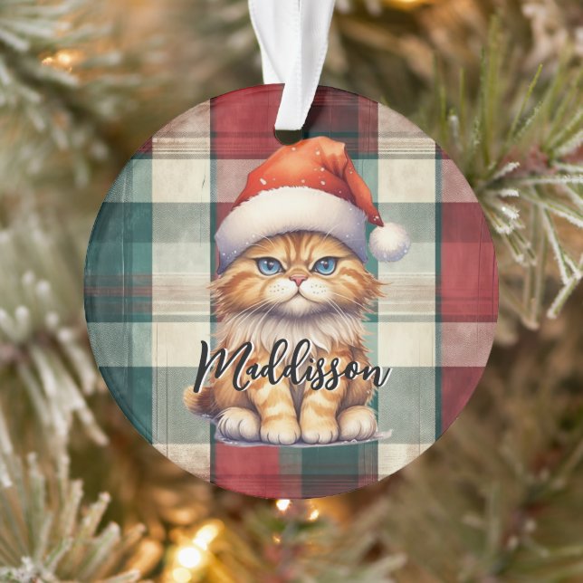 Christmas Plaid Santa Cat With Name Ornament (Tree)