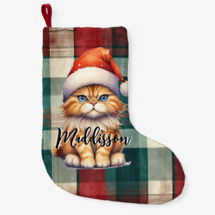 Christmas Plaid Santa Cat With Name Small Christmas Stocking