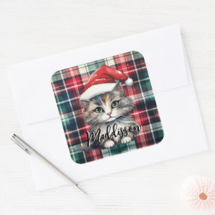 Christmas Plaid Santa Cat With Name Square Sticker