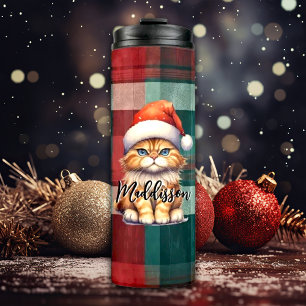 Christmas Plaid Santa Cat With Name Thermal Tumbler