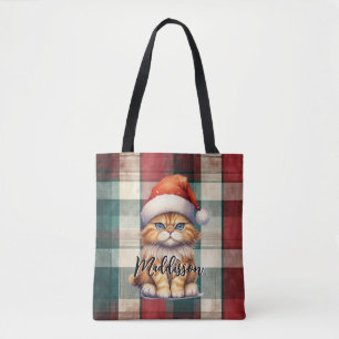 Christmas Plaid Santa Cat With Name Tote Bag