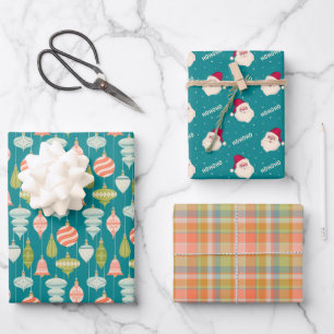 Christmas Plaid, Santa Claus, and Tree Ornaments Wrapping Paper Sheet