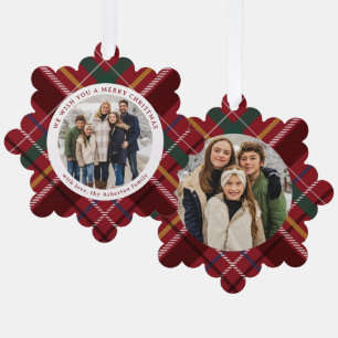 Christmas plaid simple two round photo red holiday tree decoration card