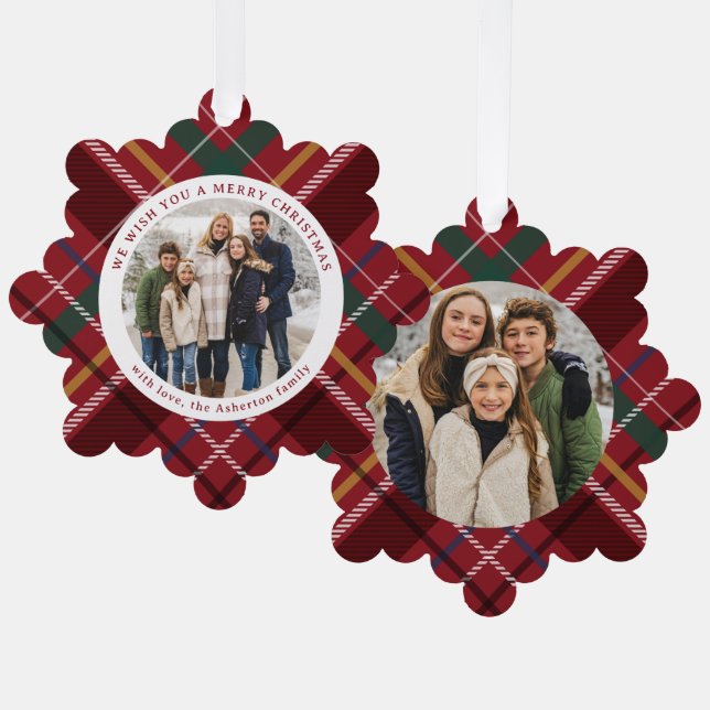 Christmas plaid simple two round photo red holiday tree decoration card (Front/Back)