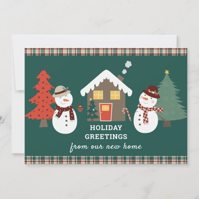 Christmas Plaid Snowmen Holiday New Home Moving Announcement (Front)
