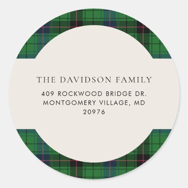 Christmas Plaid Tartan Green Custom Address Classic Round Sticker (Front)