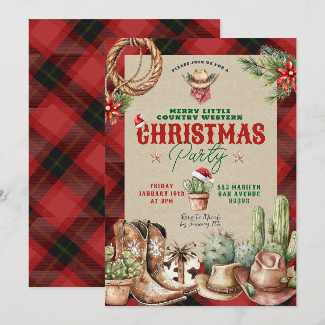 Christmas Plaid Western Christmas Party Invitation (Front/Back)