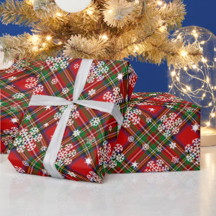 Christmas Plaid with Snowflakes and Stars Wrapping Paper