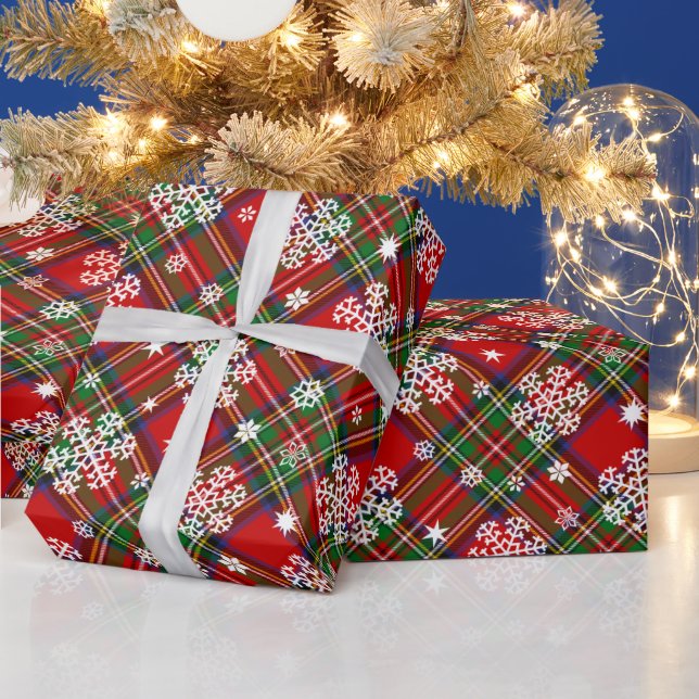 Christmas Plaid with Snowflakes and Stars Wrapping Paper (Holidays)