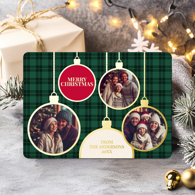 Christmas Plaids Family Photo Foil Green Holiday Card (Christmas Plaids Family Photo Foil Green Foil Holiday Card)