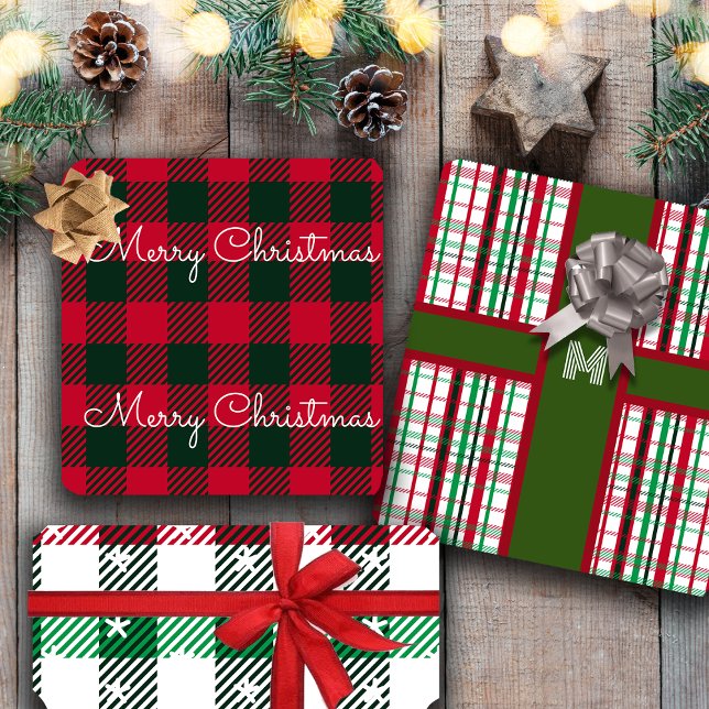 Christmas Plaids Pattern & Custom Monogram Wrapping Paper Sheet (Creator Uploaded)