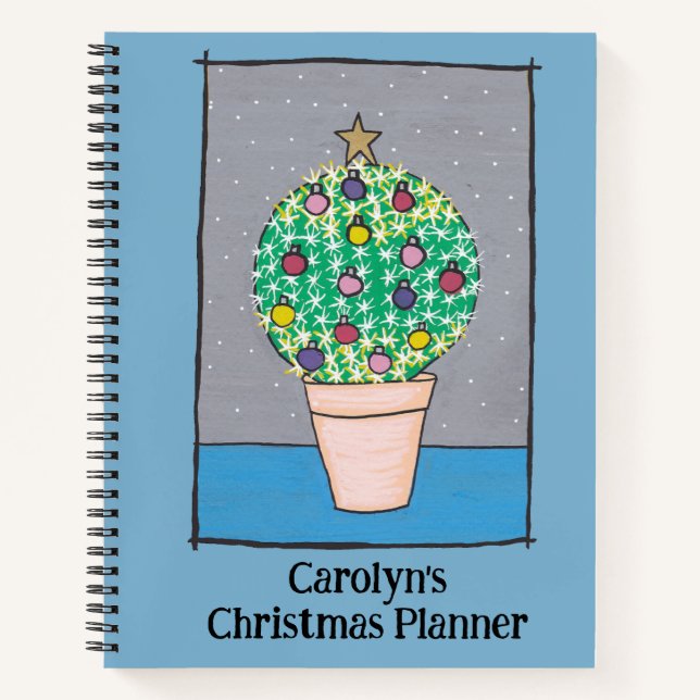 Christmas planner, fat cactus in pot, personalised notebook (Front)